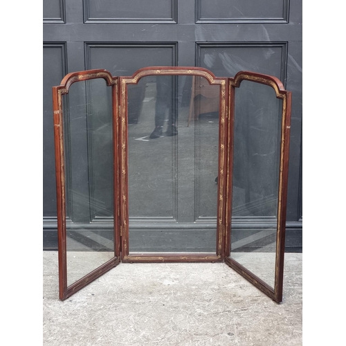 1066 - A late Victorian mahogany, parcel gilt and glazed three fold screen, 108.5 x 169cm.