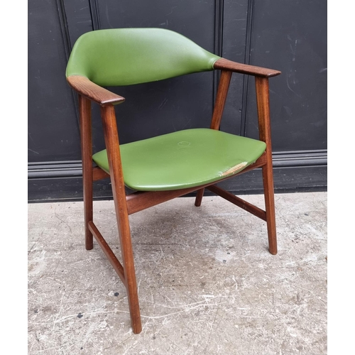 1073 - A vintage teak and green vinyl elbow chair, in the manner of Guilleumas. 