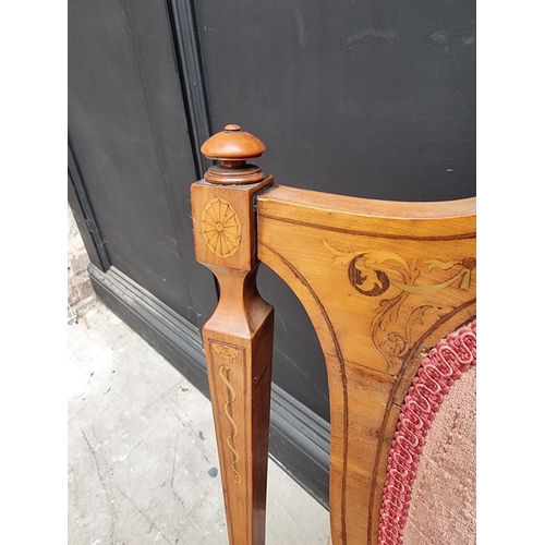 1084 - A pair of late Victorian satinwood and inlaid occasional salon chairs. (2)