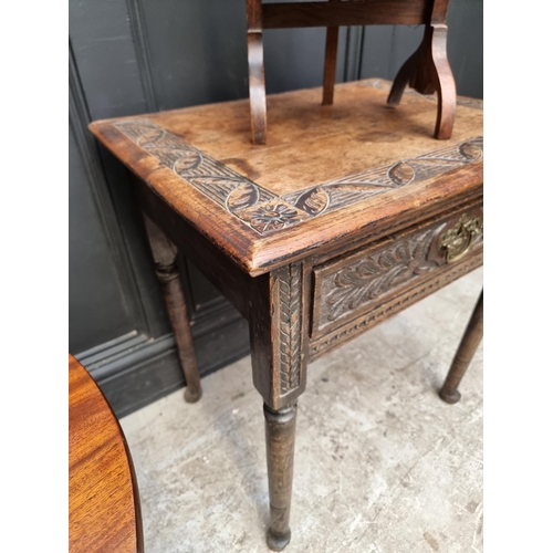 1128 - An 18th century and later carved single drawer side table, 64cm wide; together with an antique mahog... 