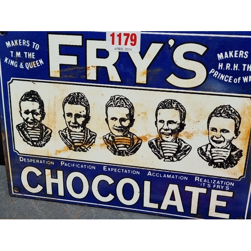 1179 - A 'Fry's Chocolate' enamel sign, 19 x 26cm; together with another 'Postage Stamps' sign; and a 'Coca... 