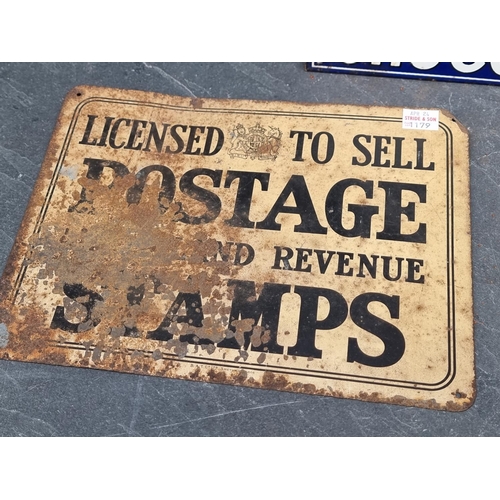 1179 - A 'Fry's Chocolate' enamel sign, 19 x 26cm; together with another 'Postage Stamps' sign; and a 'Coca... 