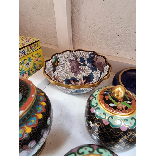 1204 - A collection of Chinese cloisonné enamel, largest 23cm diameter. (10)