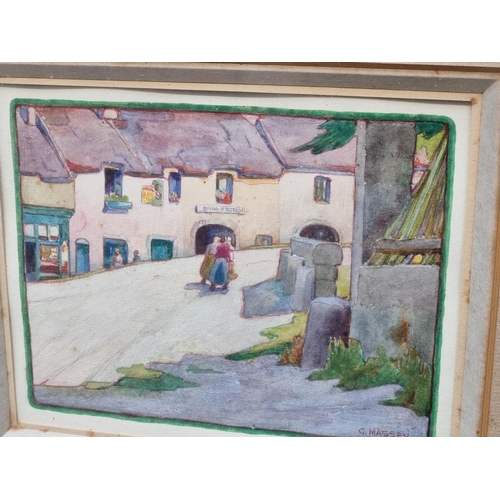 1213 - Gertrude Massey, figures in a French street, signed and further labelled verso, watercolour, 11... 