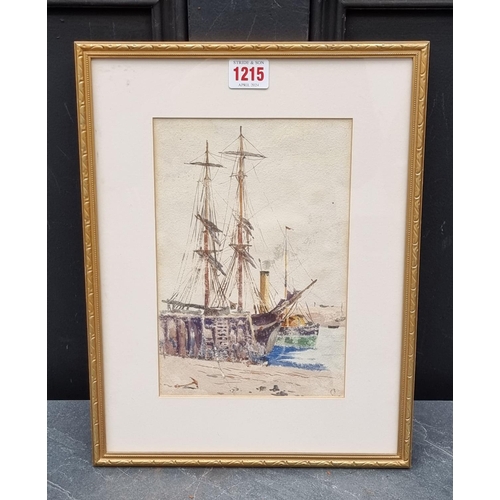 1215 - Attributed to Charles Edward Dixon, two masted vessel in harbour, indistinctly monogrammed, wat... 