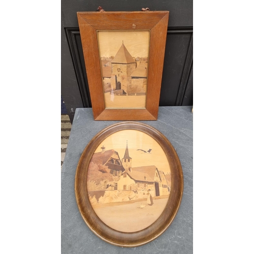 1216 - Charles Spindler, two Continental marquetry panels, each signed, largest 43 x 33cm oval. (2)... 