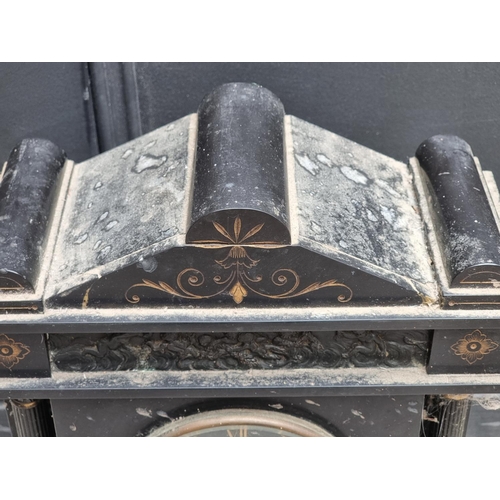 1224 - A late 19th century slate mantel clock, 40cm high, (lacking pendulum).