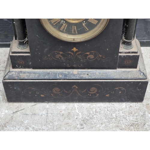 1224 - A late 19th century slate mantel clock, 40cm high, (lacking pendulum).