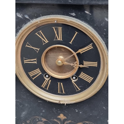 1224 - A late 19th century slate mantel clock, 40cm high, (lacking pendulum).