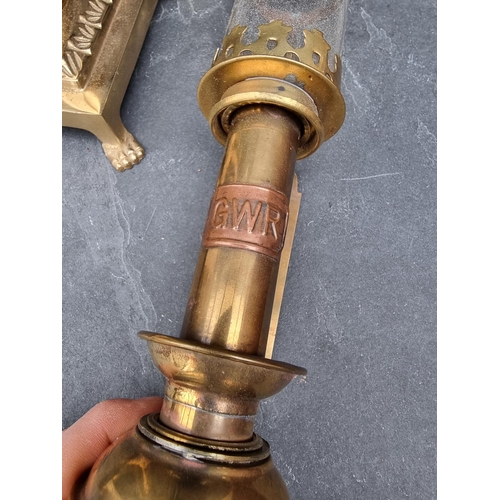 1249 - A brass table lamp, total height 48.5cm; together with a pair of GWR style brass wall lights. (3)... 