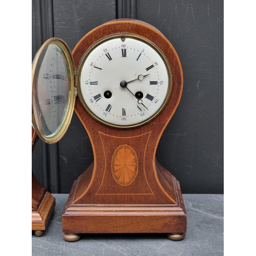 1261 - Two Edwardian mahogany and inlaid mantel clocks, largest 28cm high.