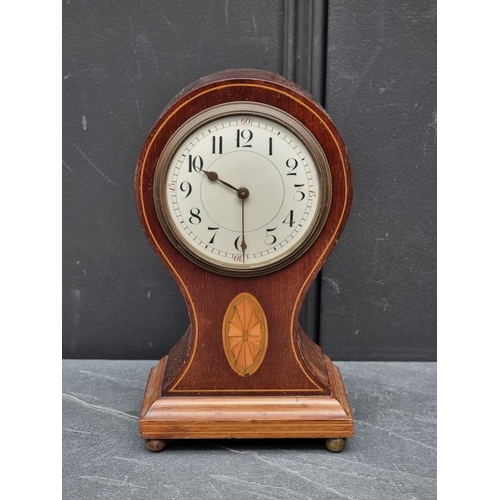 1261 - Two Edwardian mahogany and inlaid mantel clocks, largest 28cm high.