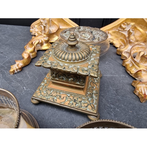 1277 - A mixed lot of brass and electroplate; together with a pair of gilt wall brackets, 28.5cm high. (6)... 