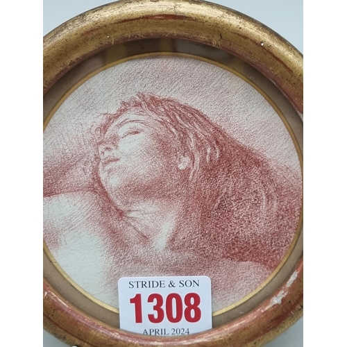 1308 - European School, late 19th/early 20th century, a reclining female, red crayon, 9cm diameter. ... 