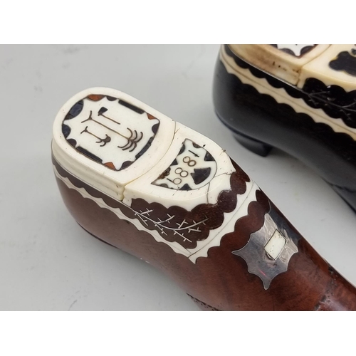 1309 - Two similar 19th century bone inlaid novelty shoe snuff boxes, one dated 1889, largest 14cm long. (2... 