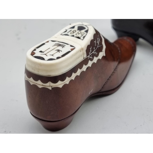 1309 - Two similar 19th century bone inlaid novelty shoe snuff boxes, one dated 1889, largest 14cm long. (2... 