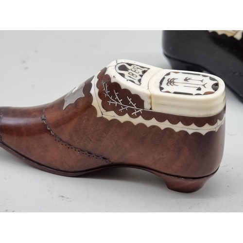 1309 - Two similar 19th century bone inlaid novelty shoe snuff boxes, one dated 1889, largest 14cm long. (2... 