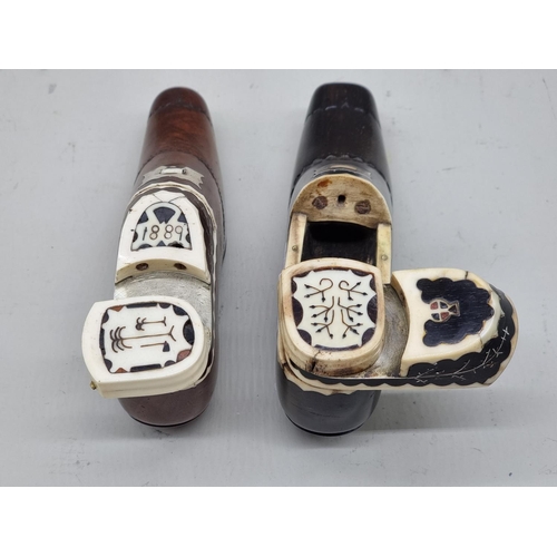 1309 - Two similar 19th century bone inlaid novelty shoe snuff boxes, one dated 1889, largest 14cm long. (2... 