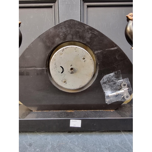 1322 - An Art Deco slate and green onyx clock garniture, the clock 52.5cm wide.  ... 