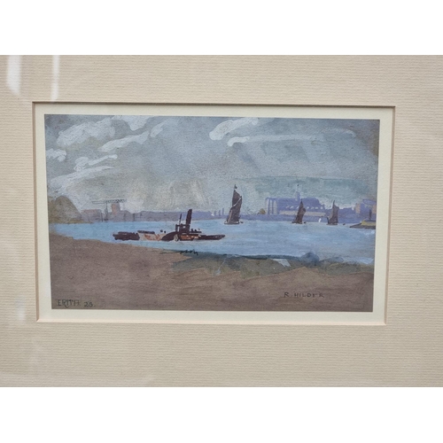 1341 - Rowland Hilder, 'Erith', signed, titled and dated '23, gouache, 10.5 x 18cm. ... 