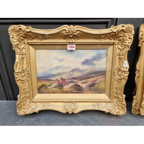 1354 - N B James, deer in a Highland landscape, a pair, each signed and indistinctly titled, gouache, 19 x ... 