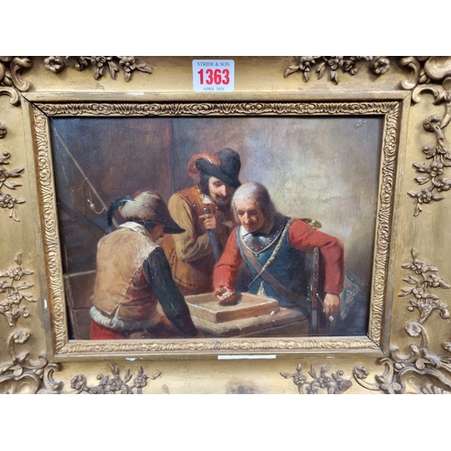 1363 - Firmin Bouvy (French, 1822-91), cavaliers playing dice, remains of old label verso, oil on chamfered... 