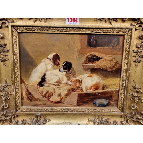 1364 - Guillaume Anne van der Brugghen, dogs at rest in a barn, signed and dated 1847, inscribed on old lab... 