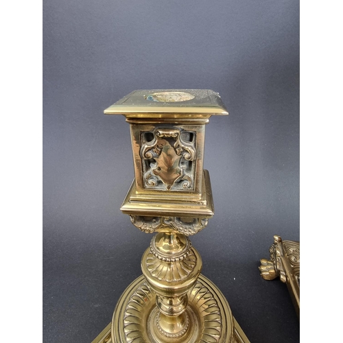 1383 - An impressive Victorian brass and porcelain clock garniture, the panels by Taylor, Tunnicliff & ... 