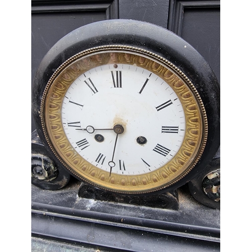 1428 - A large late 19th century slate and marble mantel clock, 64cm wide.