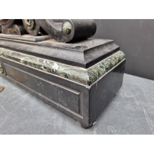 1428 - A large late 19th century slate and marble mantel clock, 64cm wide.