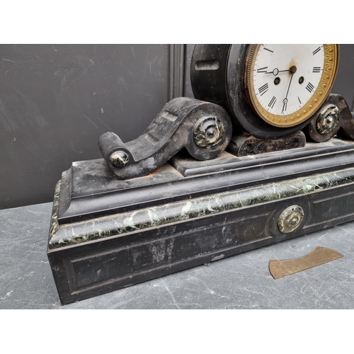 1428 - A large late 19th century slate and marble mantel clock, 64cm wide.