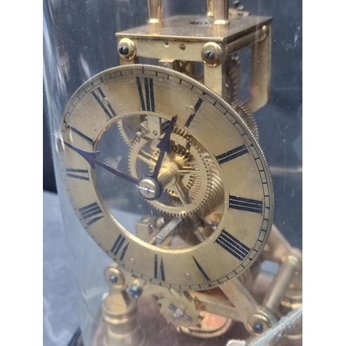 1492 - A Victorian brass skeleton fusee timepiece, with pendulum, total height 34.5cm, (glass dome cra... 