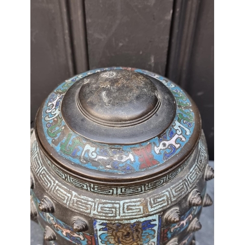 1493 - A Chinese bronze and champlevé enamel twin handled vessel and cover, 30cm high, (element... 