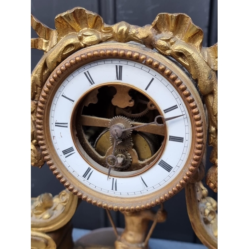 1510 - A gilt spelter mantel clock, 31cm high, with figural pendulum, (pediment detached).