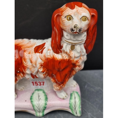 1537 - A rare Victorian Staffordshire pottery figure of a standing spaniel on pink cushion, 19.5cm high; to... 