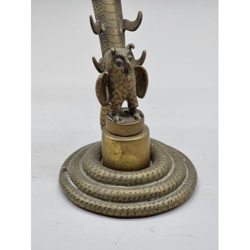 1573 - An unusual antique brass novelty serpent and owl desk stand, 28.5cm high.