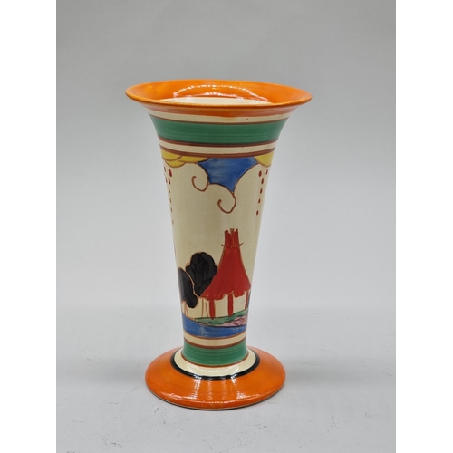 1596 - A Clarice Cliff 'Summer House' pattern vase, shape 279, 20.5cm high, (flaked chip to foot rim).... 