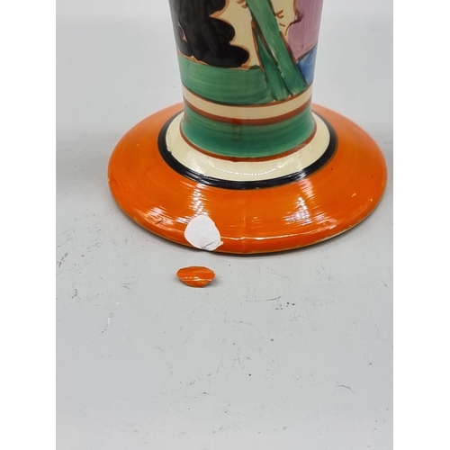 1596 - A Clarice Cliff 'Summer House' pattern vase, shape 279, 20.5cm high, (flaked chip to foot rim).... 