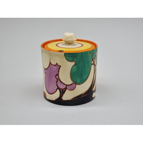 1607 - A Clarice Cliff 'Autumn' pattern preserve pot and cover, 9cm high.