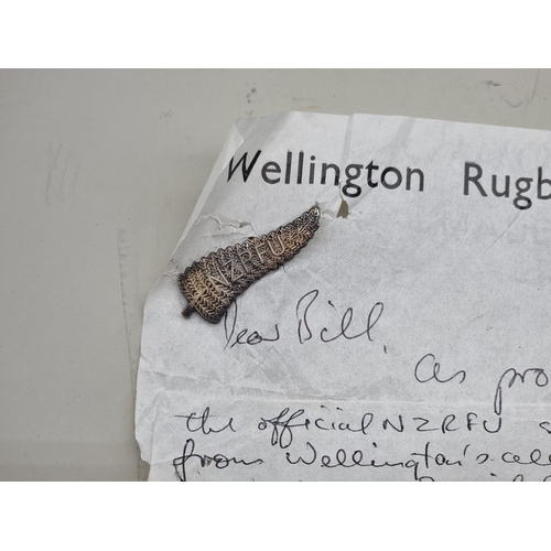 1625 - Sporting Interest: a New Zealand Rugby Football Union fern badge, with attached letter of provenance... 