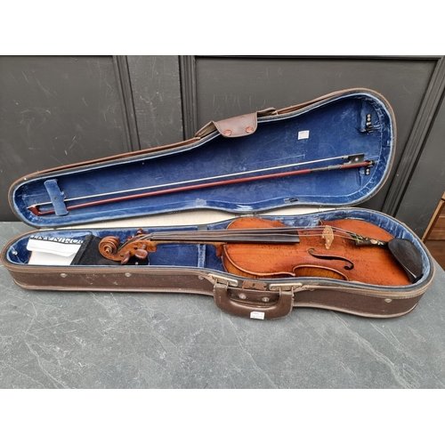 1665 - An antique Continental violin, with 14in one piece back, with bow and case.