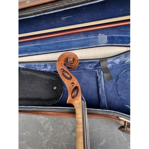 1665 - An antique Continental violin, with 14in one piece back, with bow and case.