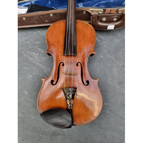 1665 - An antique Continental violin, with 14in one piece back, with bow and case.