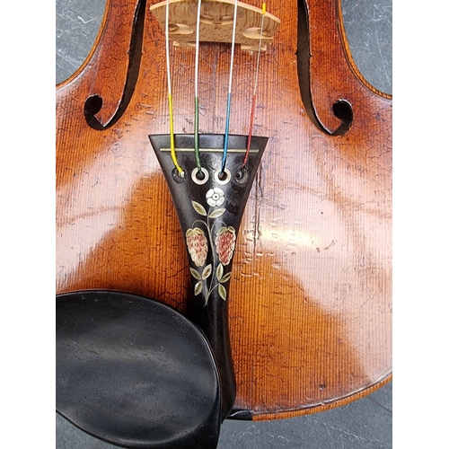 1665 - An antique Continental violin, with 14in one piece back, with bow and case.