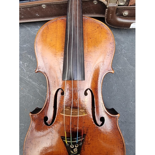 1665 - An antique Continental violin, with 14in one piece back, with bow and case.