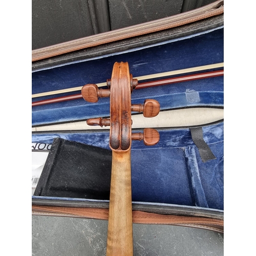 1665 - An antique Continental violin, with 14in one piece back, with bow and case.