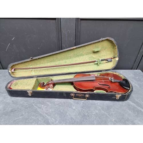 1666 - A small antique Continental violin, with 13in one piece back, with bow and ebonized case.  ... 