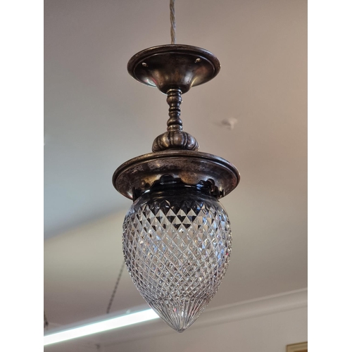 1669 - A good set of four Edwardian cut glass and electroplated ceiling pendant lights, each with matching ... 