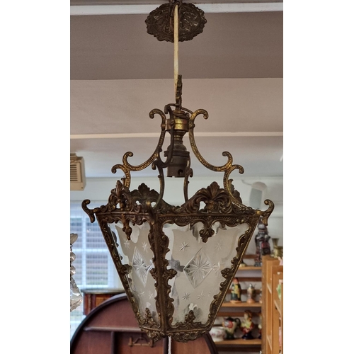 1671 - A brass and etched glass ceiling lantern, 32cm high.