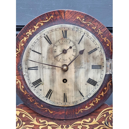 1673 - A George IV rosewood and brass inlaid drumhead fusee mantel timepiece, the 7in silvered dial 'Westwo... 